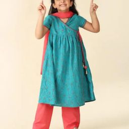 Fabindia Kids Blue & Coral Floral Print Kurta, Salwar with Dupatta-image-65