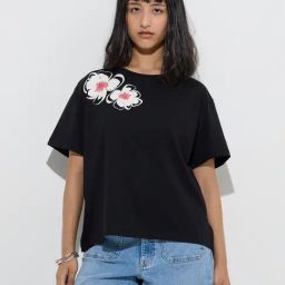 LOV by Westside Black Floral Printed Cotton T-Shirt-picture-16