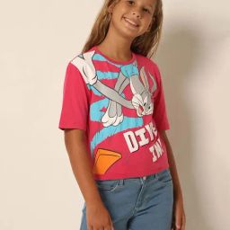 VERO MODA GIRL Pink & Blue Cotton Printed T-Shirt-image-67