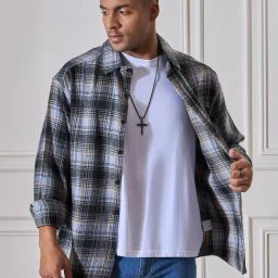 Chimpaaanzee Grey & Black Blended Loose Fit Checks Shirt-image-97