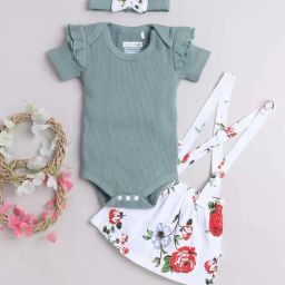 Bumzee Kids Green & White Cotton Floral Print Bodysuit Set-image-43