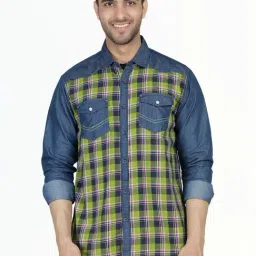 Kuons Avenue Green & Blue Slim Fit Checks Denim Shirt-image-53
