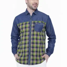 Kuons Avenue Green & Blue Slim Fit Checks Denim Shirt-image-27