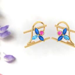 P.C. Chandra Jewellers 14k Gold Beautiful Petals Engraved Pink And Blue Stones Stud Earrings-image-14