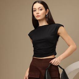Chemistry Ruched Extended Sleeves Pure Cotton Crop Top-image-41