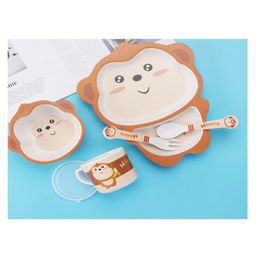 SANISHTH Cartoon Animal Monkey Bamboo Fiber Dinnerware Plate and Bowl Set for Kids Toddler Plate Bowl Cup Spoon Fork Eco Friendly Non Toxic Self Feeding Baby Utensil Set of 5 Pieces - Brown-25