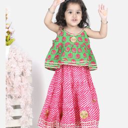 Bownbee Sleeveless Elephant Print Top With Leheriya Design Lehenga - Green-image-64