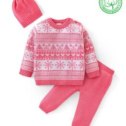Babyhug Organic Cotton Knit Full Sleeves Baby Sweater Set Snow Flakes Design - Light Pink-image-95
