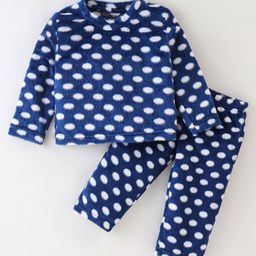 Kanvin Supersoft Extra Warm Velour Full Sleeves Winter Wear Night Suit With Polka Dots - Navy Blue-image-59