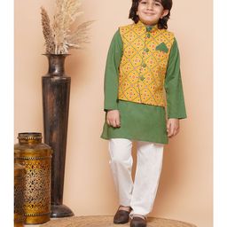 AJ Dezines Full Sleeves Solid Kurta & Pyjama With Patola Blocks Motif Printed Jacket - Green-image-83