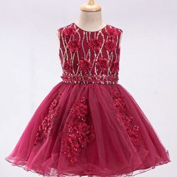 Mark & Mia Sleeveless Party Frock with Floral Applique- Maroon-image-65