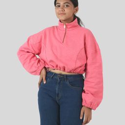 tweeny mini Cotton Full Sleeves Solid Zipper Sweatshirt - Raspberry Pink-image-38