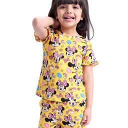 Babyhug Disney Single Jersey Half Sleeves Night Suit Minnie Mouse Print - Yellow-image-2