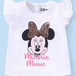 Babyhug Disney Cotton Knit Frill Sleeves Top with Minnie Mouse Graphics & Sequin Detailing - White-image-70