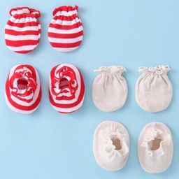 Ben Benny 100% Cotton Knit Mitten & Booties Set Solid & Striped  Pack of 2- Red & White-image-98