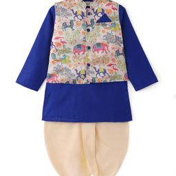 Saka Designs Cotton Woven Full Sleeves Solid Colour Kurta  Dhoti Set with Floral & Animal Printed Nehru Jacket - Navy Blue & Cream-image-72
