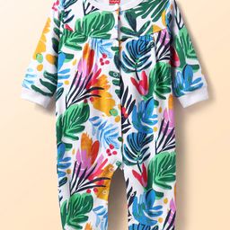 Babyhug 100% Cotton Knit Full Sleeves Romper with Leafy Print -White-image-82