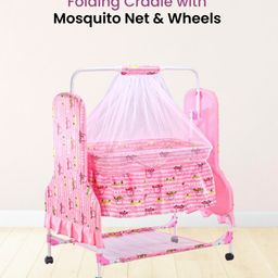 Vehicle Printed Folding Cradle with Mosquito Net & Wheels - Pink-10