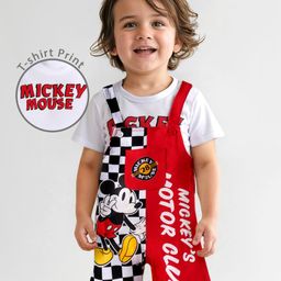 Babyhug Disney Single Jersey Knit Half Sleeves T-Shirt & Dungaree Set with Mickey Mouse Graphics - Red-image-50