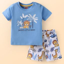 Babyhug Single Jersey Knit Half Sleeves Animal Print T-Shirt & Shorts Set - Blue & Grey-image-76