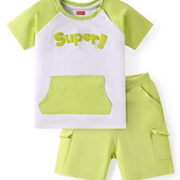Babyhug Single Jersey Knit Raglan Sleeves T-Shirt & Shorts with Kangaroo Pockets - Light Green-image-16