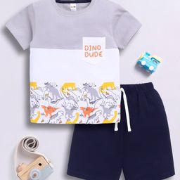 Little Ninja Cotton Half Sleeves Dinosaur Printed Tee & Shorts Set - Multi Colour-image-88