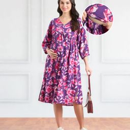 Bella Mama Woven Three Fourth Sleeves Maternity Dress With Floral Print and Pockets - Purple-image-98