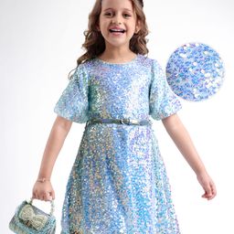 Hola Bonita Knit Half Sleeves Party Dress with Sequin Detailing & Belt - Light Blue-image-27