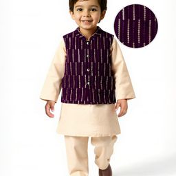 Babyhug Woven Mandarin Collar Full Sleeves Kurta Pajama Set with Sequin Embroidered Jacket - Purple-picture-26
