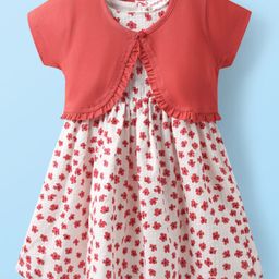 Babyhug Cotton Woven Half Sleeves Floral Printed Frock With Jacket - Red & White-image-27