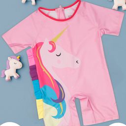 Yellow Bee Half Sleeves Unicorn Printed & Applique Detailed Swimsuit - Pink-image-99