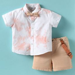 ToffyHouse Poplin Woven Half Sleeves Tie & Dye Printed Shirt & Shorts With Bow & Suspender - White & Khaki-image-102