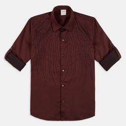 Charchit Cotton Lycra Woven Full Sleeves Beads Embellished Shirt - Brown-image-5
