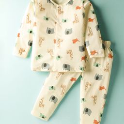 Doreme Single Jersey Knit Full Sleeves Co-ords Night Suit with Animal Print - Cream-image-85