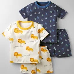 Kidi Wav Pack Of 2 Half Sleeves Dinosaurs & Baby Lions Printed Coordinating Tees & Shorts Set - Multi Colour-picture-30