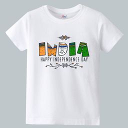 KAVEE Pure Cotton Knit Independence Day Theme Half Sleeves Happy Independence Day Text Printed Biowashed Tee - White-image-95