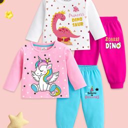 KUCHIPOO Cotton Knit Pack Of 2 Full Sleeves Dinosaur & Unicorn Printed Tees & Joggers Set - Pink White & Sky Blue-picture-30