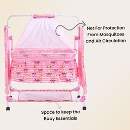 fab n funky Vehicle Printed Folding Cradle with Mosquito Net & Wheels - Pink image 3