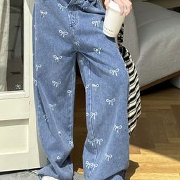 LULU & SKY Blue Novelty Pattern Girls Wide Leg Mid-Rise Bow Design Mildly Distressed Jeans-image-26