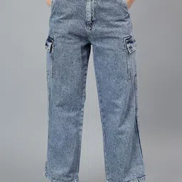 Cantabil Women Wide Leg Light Fade Stretchable Cargo Styles Jeans-image-93