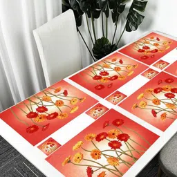 REVEXO Red & Yellow 12 Pieces Floral Printed Table Placemats & Coasters-22