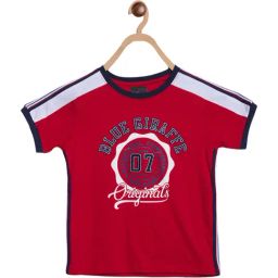 Blue Giraffe Kids Red Cotton Printed T-Shirt-image-5