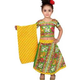 Ahhaaaa Kids Green & Yellow Embroidered Choli, Lehenga with Dupatta-image-34