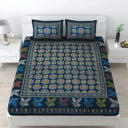 Living Roots Jaipuri Dark Blue 210 TC Cotton Queen Bed Sheet with 2 Pillow Covers-image-99