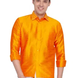 VASTRAMAY Orange Straight Fit Self Pattern Shirt-image-7