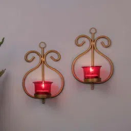 Homesake 'Diwali' Red & Golden Metal Wall Candle Holder With Tea Light Candle - Set of 2-image-71
