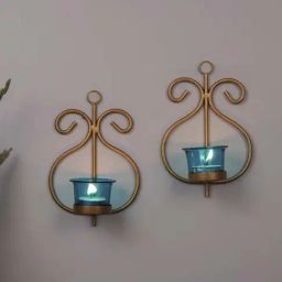 Homesake 'House Warming' Turquoise & Golden Metal Wall Mount Candle Holder - Set of 2-image-41