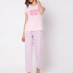 Vero Moda Intimates Pink Cotton Graphic Print T-Shirt With Pyjamas-image-56
