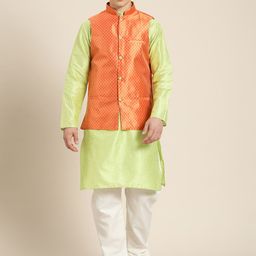 SOJANYA Men Green Striped Kurta with Pyjamas  & Nehru Jacket-picture-10
