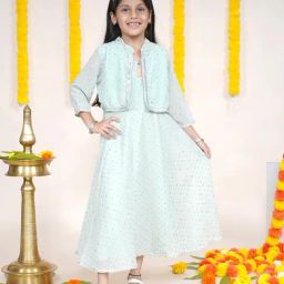 Kiddopanti Girls Light Green Embellished Kurta with Attached Jacket-picture-27